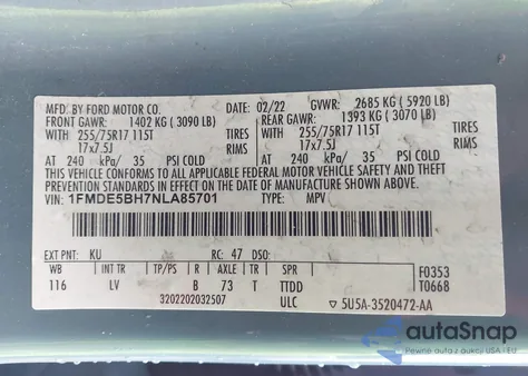 2022 Ford Bronco Big Bend z USA, uszkodzony, nr VIN 1FMDE5BH7NLA85701